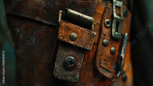 Close-up of a worn leather strap with metal rivets and buckles.