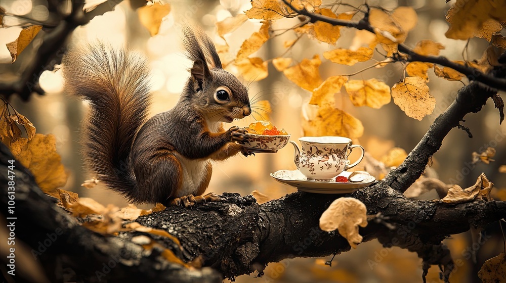 Squirrel Enjoying Tea and Treats on a Tree Branch in Autumn Squirrel Enjoying Tea and Treats on a Tree Branch in Autumn