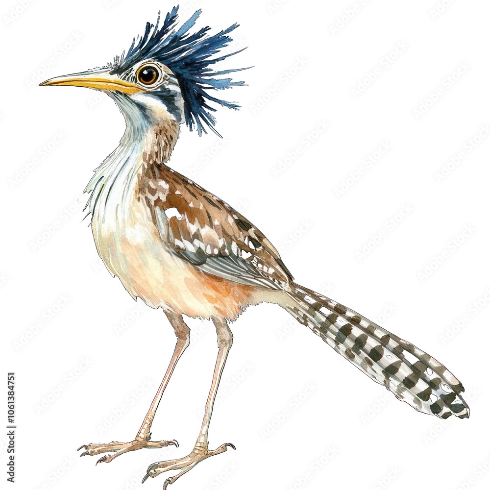 Obraz premium Collection of PNG. Watercolor painting of a Roadrunner Bird Standing, isolated on a transparency background.