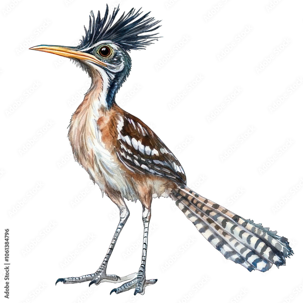 Obraz premium Collection of PNG. Watercolor painting of a Roadrunner Bird Standing, isolated on a transparency background.