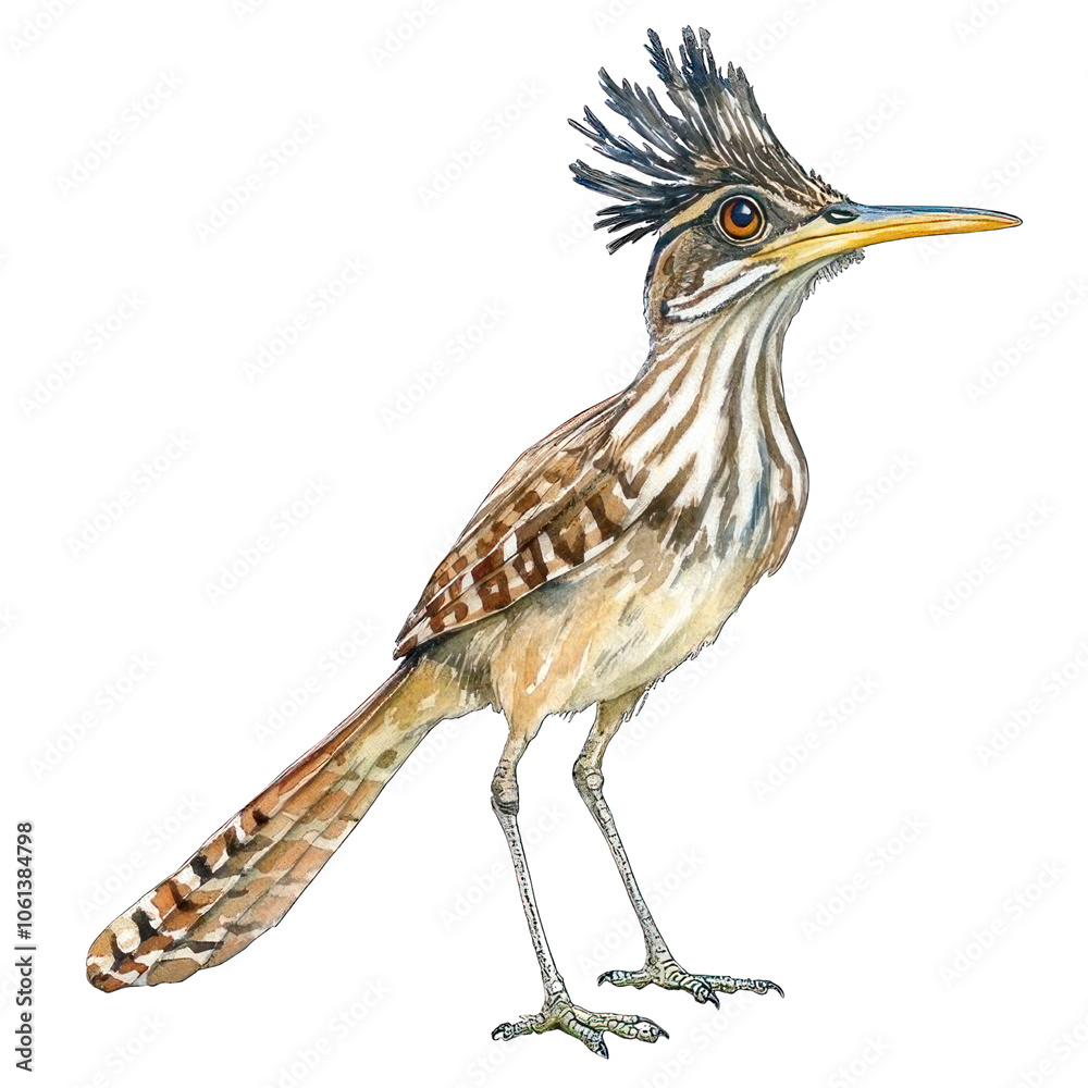 Obraz premium Collection of PNG. Watercolor painting of a Roadrunner Bird Standing, isolated on a transparency background.
