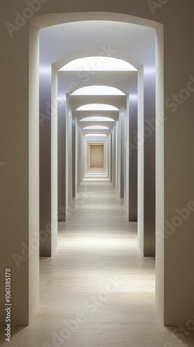 A long corridor features a series of elegant arches with soft lighting illuminating the path