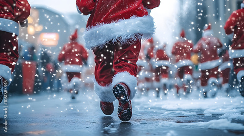 Festive Santa run with participants dressed in holiday costumes on snowy street photo