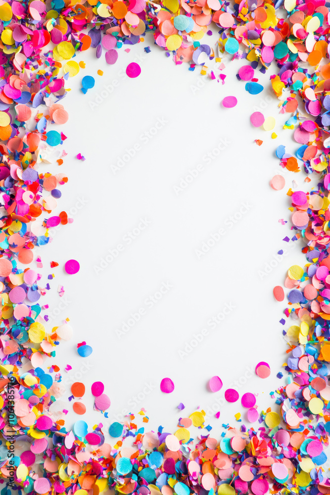 Vertical Rectangular frame made of colored confetti. White background. Festive confetti. Vertical Rectangular frame made of colored confetti. White background. Festive confetti.