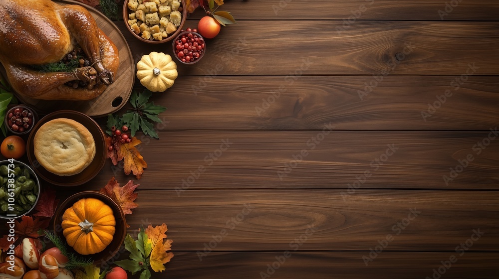 Traditional Thanksgiving feast arranged on a rustic wooden table, showcasing an abundant spread of holiday dishes like roasted turkey, mashed potatoes, pumpkin pie, and cranberry sauce. The top-down v Traditional Thanksgiving feast arranged on a rustic wooden table, showcasing an abundant spread of holiday dishes like roasted turkey, mashed potatoes, pumpkin pie, and cranberry sauce. The top-down v