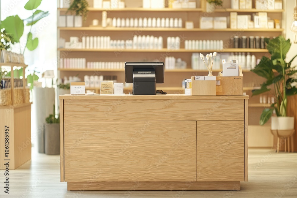 Minimalist wooden counter in a modern store. Minimalist wooden counter in a modern store.