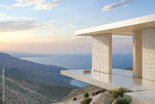 Stunning mountainside modern architecture overlooking the tranquil sea at sunset