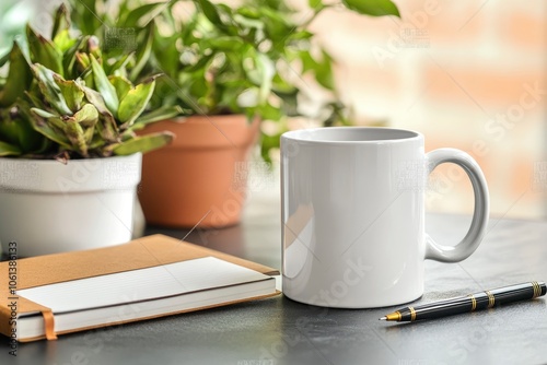 White coffee mug with a pen and notebook on a table next to house plants.