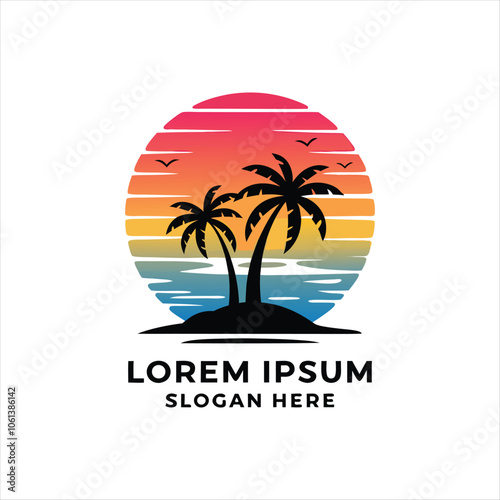 Palm Trees on Island with Vibrant Sunset Background Logo photo