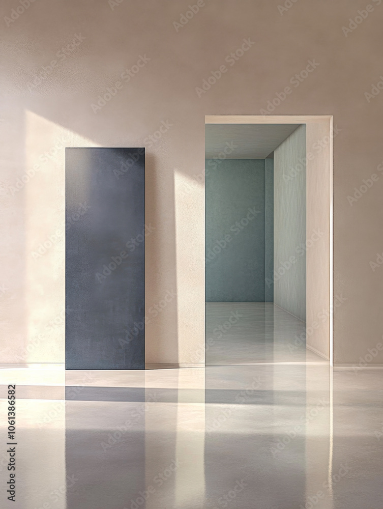 Minimalist interior with contrasting wall textures and reflections in natural light Minimalist interior with contrasting wall textures and reflections in natural light