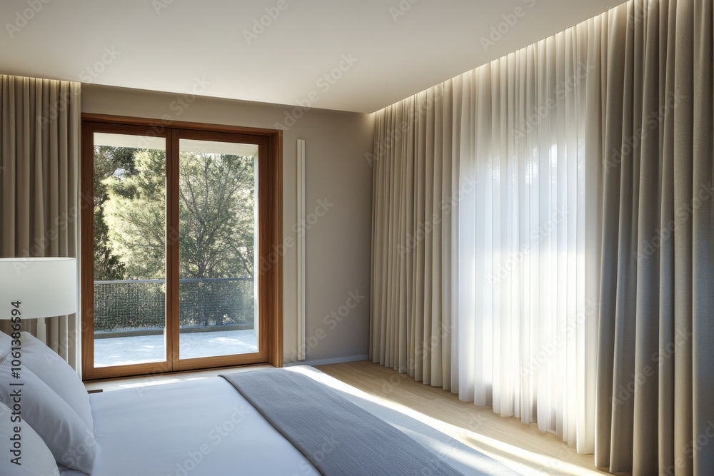 Fototapeta premium Modern bedroom interior with large windows and soft natural lighting in a serene setting