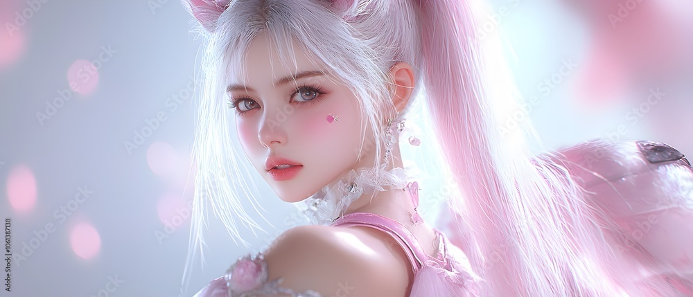 Fototapeta premium A woman with long hair and a pink outfit