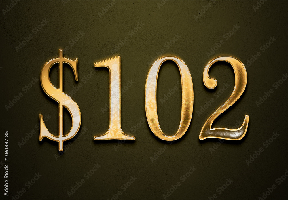 Old gold effect of 102 dollars with 3D glossy style Mockup. Old gold effect of 102 dollars with 3D glossy style Mockup.