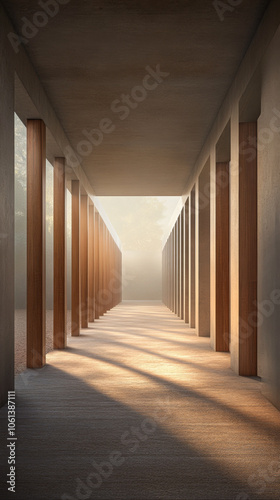 A serene corridor with wooden columns illuminated by soft sunlight in a tranquil setting