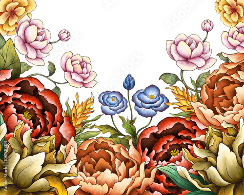 Illustration Colorful Floral Border Frame Background for Banner, Wedding Card, Card Template. Isolated on White Background