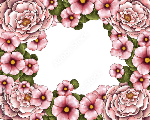 Illustration Colorful Floral Border Frame Background for Banner, Wedding Card, Card Template. Isolated on White Background