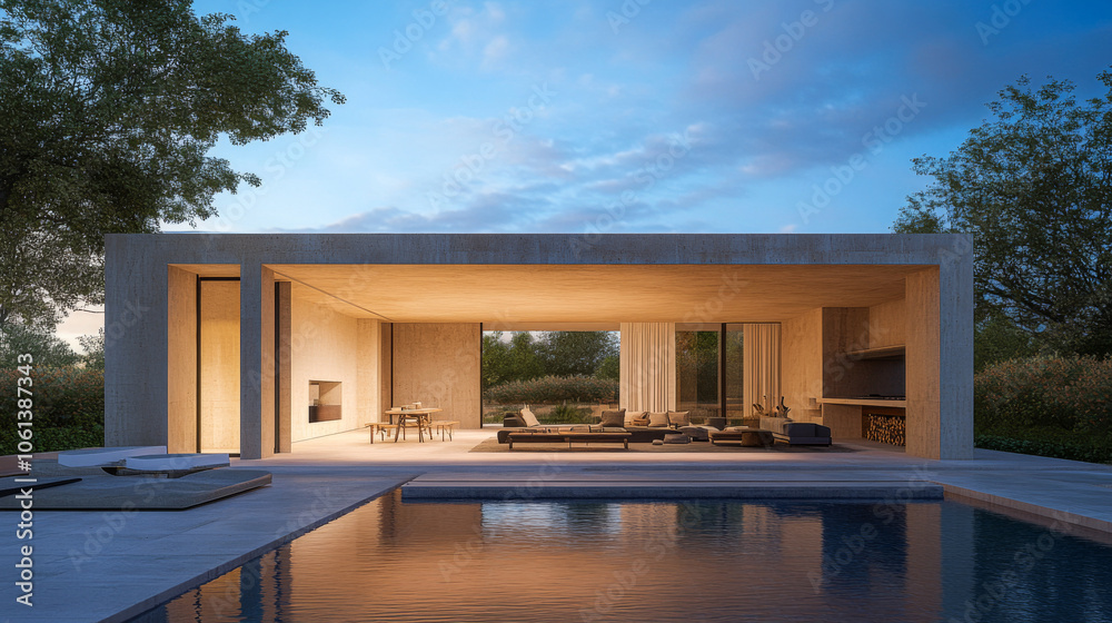 Modern architectural design of a serene home by the pool at twilight in a calm landscape Modern architectural design of a serene home by the pool at twilight in a calm landscape