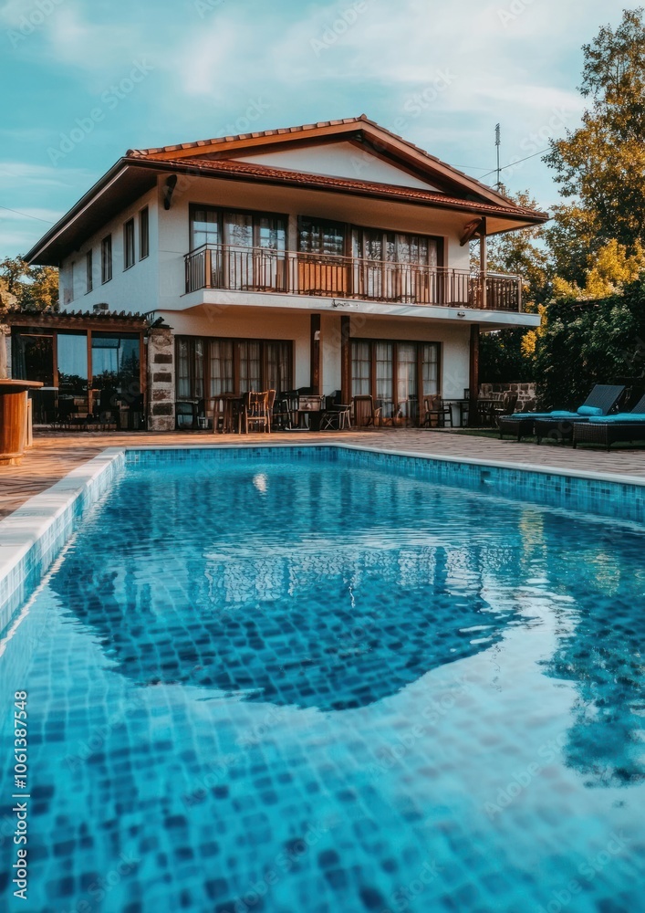 Fototapeta premium A serene poolside view of a modern house surrounded by greenery.