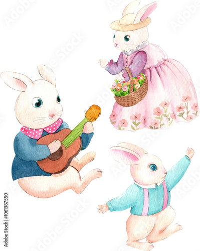 The father rabbit plays the ukulele and makes the baby rabbits dance, while the mother rabbit picks flowers and puts them in a basket., hand-drawn watercolor painting illustration photo