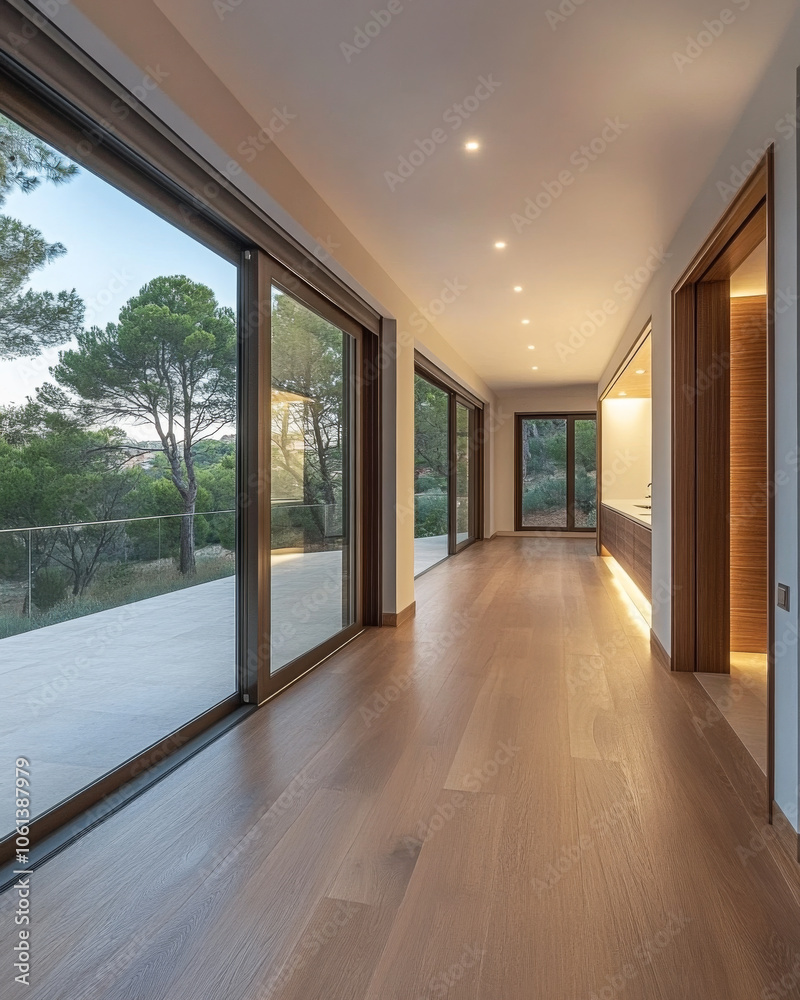 Obraz premium Modern hallway with large windows showcasing natural surroundings in a contemporary home
