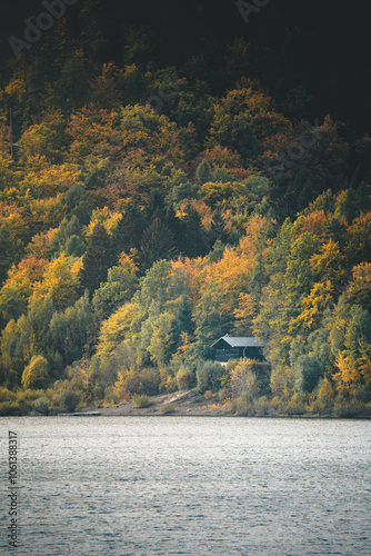 See-Hütte am Berghang im Harz mit einem See im Vordergrund