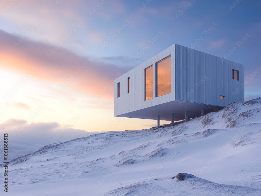 Modern house on a snowy landscape at sunset with stunning views and minimalist design Modern house on a snowy landscape at sunset with stunning views and minimalist design