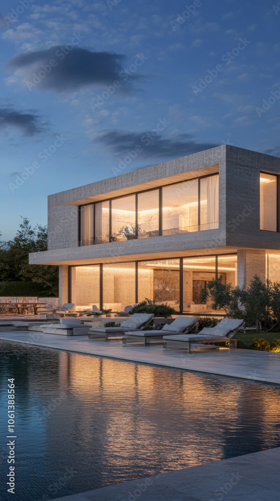 Obraz premium Modern villa with pool illuminated at dusk, showcasing sleek architecture and serene landscaping