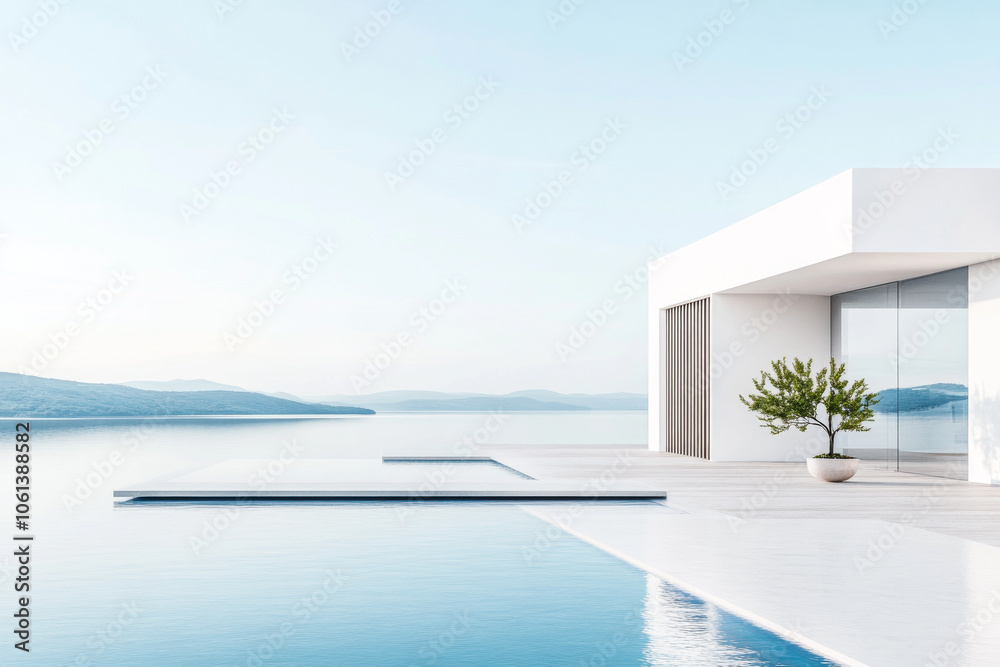 Modern beachfront villa with infinity pool overlooking tranquil water at sunrise Modern beachfront villa with infinity pool overlooking tranquil water at sunrise