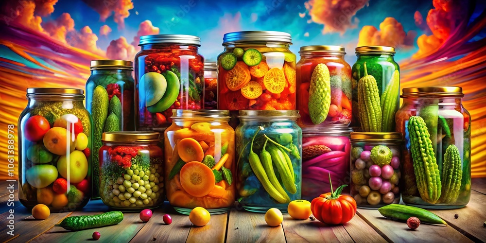 Vividly arranged pickles create a surreal presentation, showcasing vibrant vegetables in an artistic display that transforms culinary art into a captivating visual experience. Vividly arranged pickles create a surreal presentation, showcasing vibrant vegetables in an artistic display that transforms culinary art into a captivating visual experience.