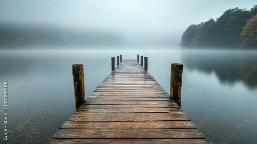 Fototapeta premium Wooden Dock Extending into a Misty Lake