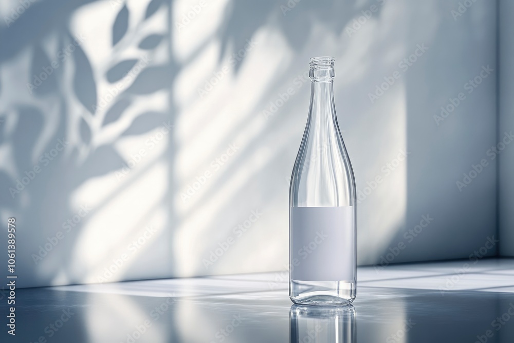 A clear glass bottle with a blank label stands on a reflective surface in a room with light streaming through the window casting shadows on the wall. A clear glass bottle with a blank label stands on a reflective surface in a room with light streaming through the window casting shadows on the wall.