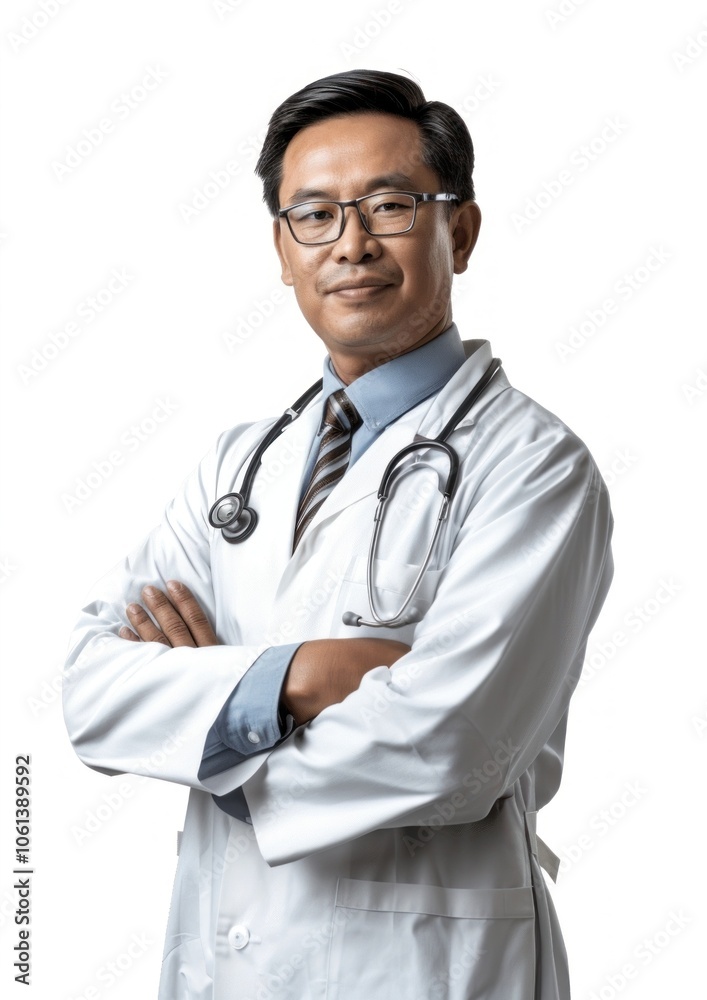 Middle age male asian doctor glasses adult white background. Middle age male asian doctor glasses adult white background.