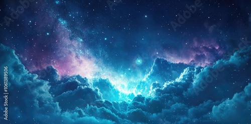 Dramatic Blue Sky with Billowing Clouds and Illuminated Starry Night, Featuring Milky Way and Colorful Background Captured with Wide Angle Long Exposure