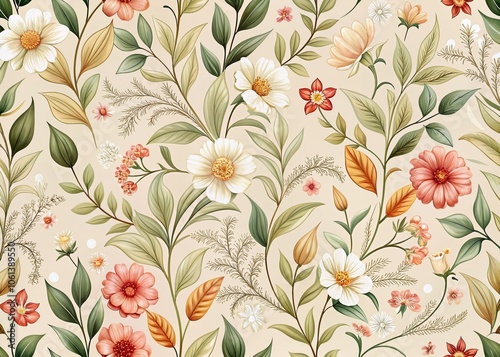 Wallpaper Mural Elegant Floral Pattern | Seamless Design | Light Beige Background | Fashion Photography | Trendy Fabric | Textile Art | Home Decor | Stylish Wallpaper | Elegant Aesthetic | Modern Design Torontodigital.ca