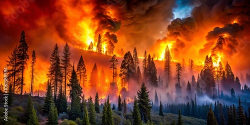 Wildfire engulfs the forest at dusk, flames lighting up the sky in a dramatic display. A fierce firestorm exemplifies nature’s raw power and intensity.