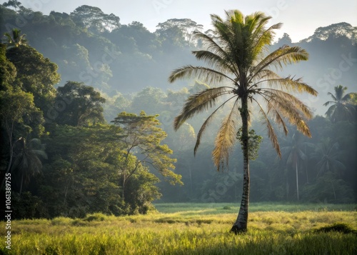 Soft Natural Morning Light Illuminates a Solitary Acrocomia totai Palm in a Peaceful Landscape Scene