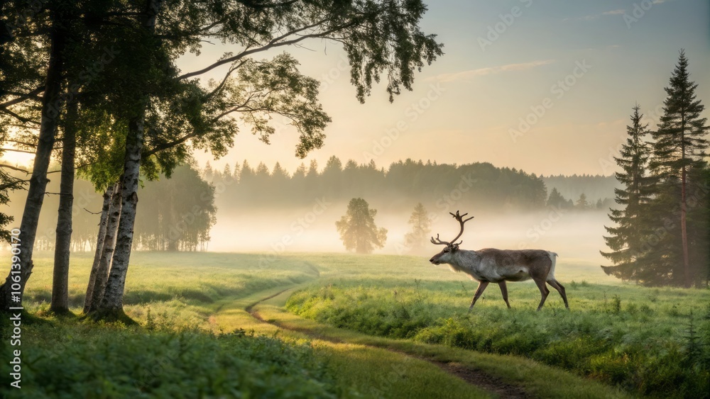 Fototapeta premium Soft Warm Sunlight Filters Through Misty Atmosphere Creating a Dreamy Natural Landscape Scene