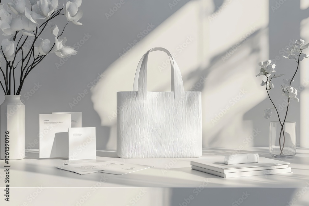 White tote bag mockup with white flowers and blank paper. White tote bag mockup with white flowers and blank paper.