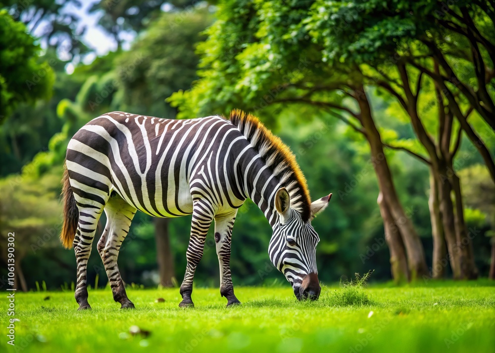 Zebra Grazing in Lush Green Landscape - Nature Photography, Wildlife, African Safari, Animal Behavior, Shallow Focus, Serene Environment, Natural Habitat, Outdoor Scene, Tranquil Setting Zebra Grazing in Lush Green Landscape - Nature Photography, Wildlife, African Safari, Animal Behavior, Shallow Focus, Serene Environment, Natural Habitat, Outdoor Scene, Tranquil Setting