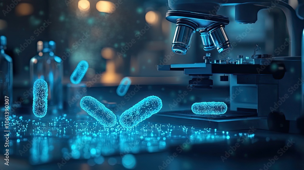 Blue Illuminated Bacteria Under Microscope In Lab Blue Illuminated Bacteria Under Microscope In Lab