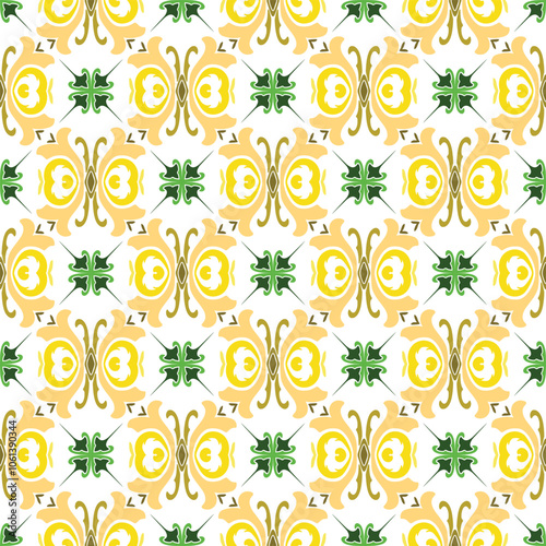 Abstract Bohemian Damask with Aztec and Tribal Pattern Elements in Geometric Symmetry