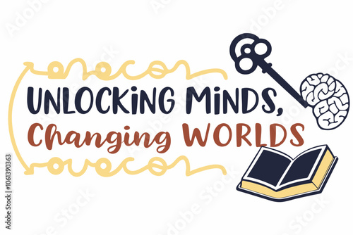 A T-shirt design on International education day unlocking Minds, Changing Worlds – A design featuring a key entering a book or a brain, representing education as the key 