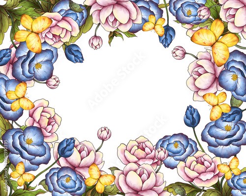 Illustration Colorful Floral Border Frame Background for Banner, Wedding Card, Card Template. Isolated on White Background