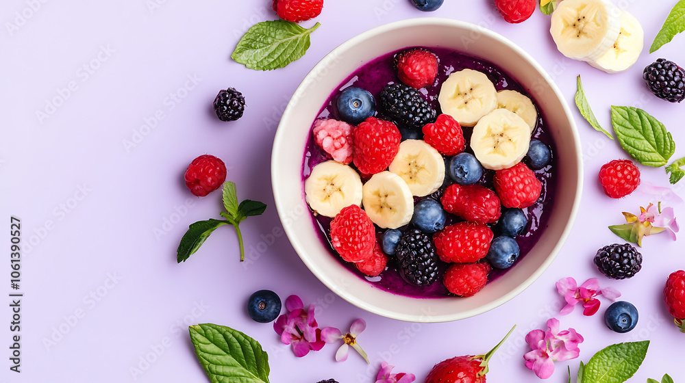 colorful bowl of acai topped with fresh berries and banana slices colorful bowl of acai topped with fresh berries and banana slices