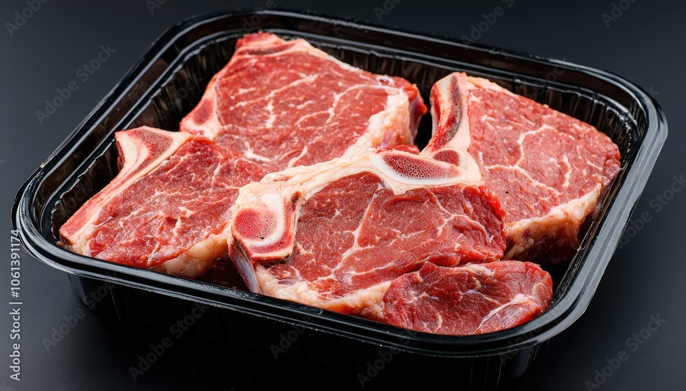 A tray of raw ribeye steaks, showcasing marbled red meat, ready for cooking or grilling. A tray of raw ribeye steaks, showcasing marbled red meat, ready for cooking or grilling.