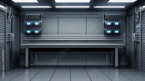 Futuristic lab interior with sleek surfaces and advanced equipment, gray tones.