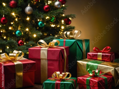 A festive scene with numerous gift boxes neatly arranged under a Christmas tree, surrounded by twinkling lights and holiday decorations