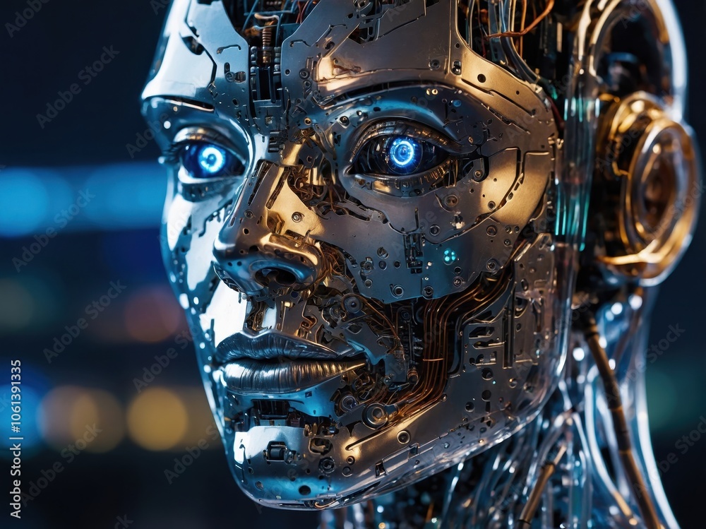 lose-up of a humanoid robot’s face, showcasing detailed, intricate circuitry and lifelike features, blending technology and human-like expression lose-up of a humanoid robot’s face, showcasing detailed, intricate circuitry and lifelike features, blending technology and human-like expression