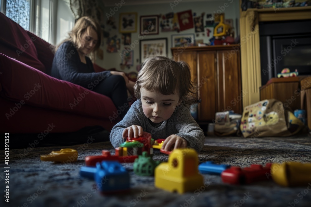 A child engages with colorful toy blocks on a cozy living room floor. An adult watches in the background. This scene captures the essence of childhood exploration. Generative AI