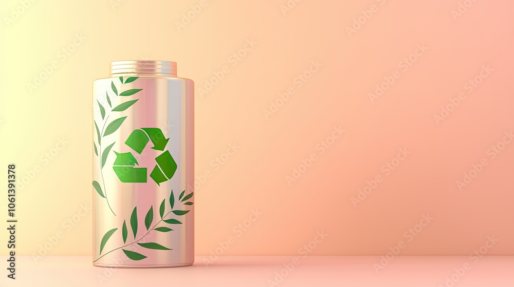 Fototapeta premium Recycling canister with green leaves on a soft pastel background.